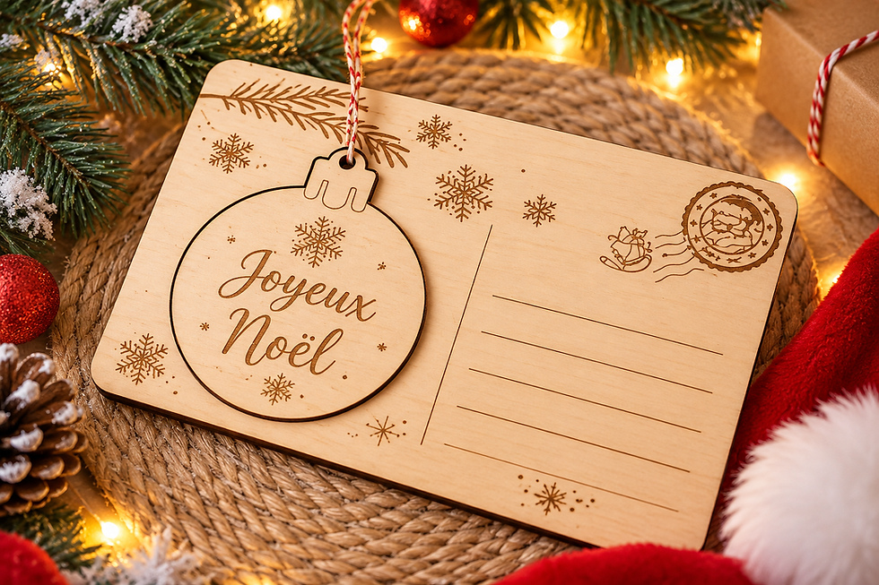 Carte postale de Noël personnalisée 10x15 cm avec boule Joyeux Noël en bois