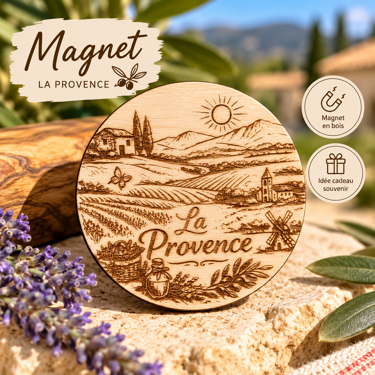 Magnet en bois La Provence gravé au laser représentant un paysage provençal avec moulin, village, champs et soleil, personnal