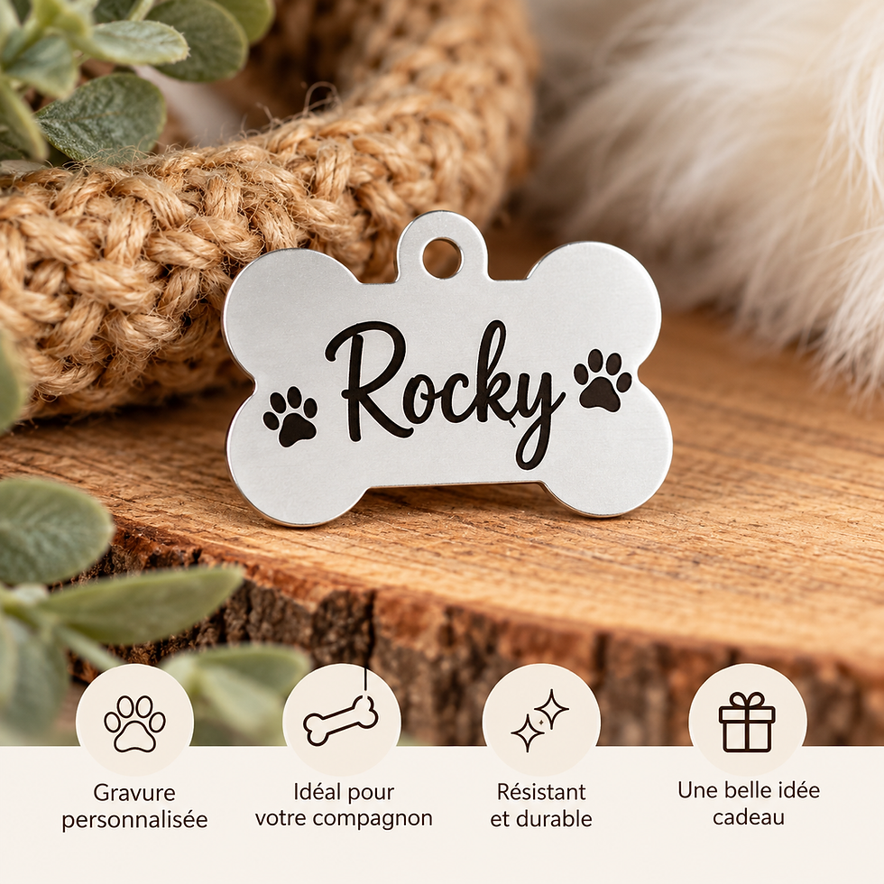 Médaillon pour chien en forme d’os, en acier inoxydable personnalisable