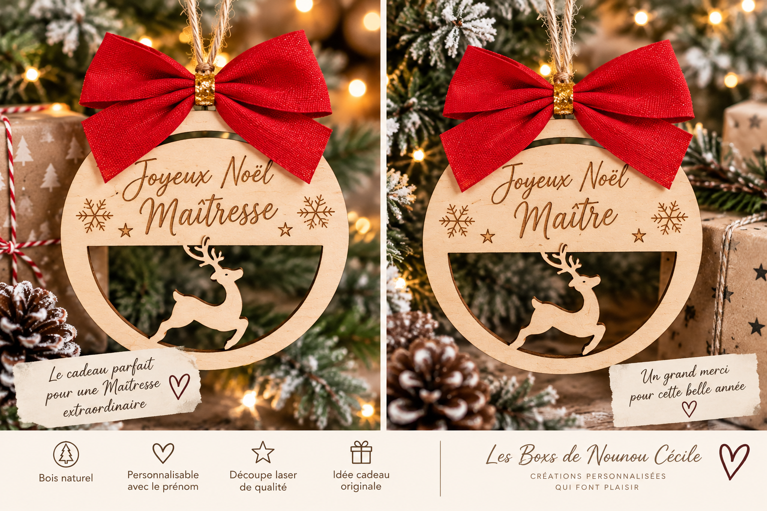Boule de Noël en bois personnalisée cadeau Maîtresse ou Maître fin d'année scolaire