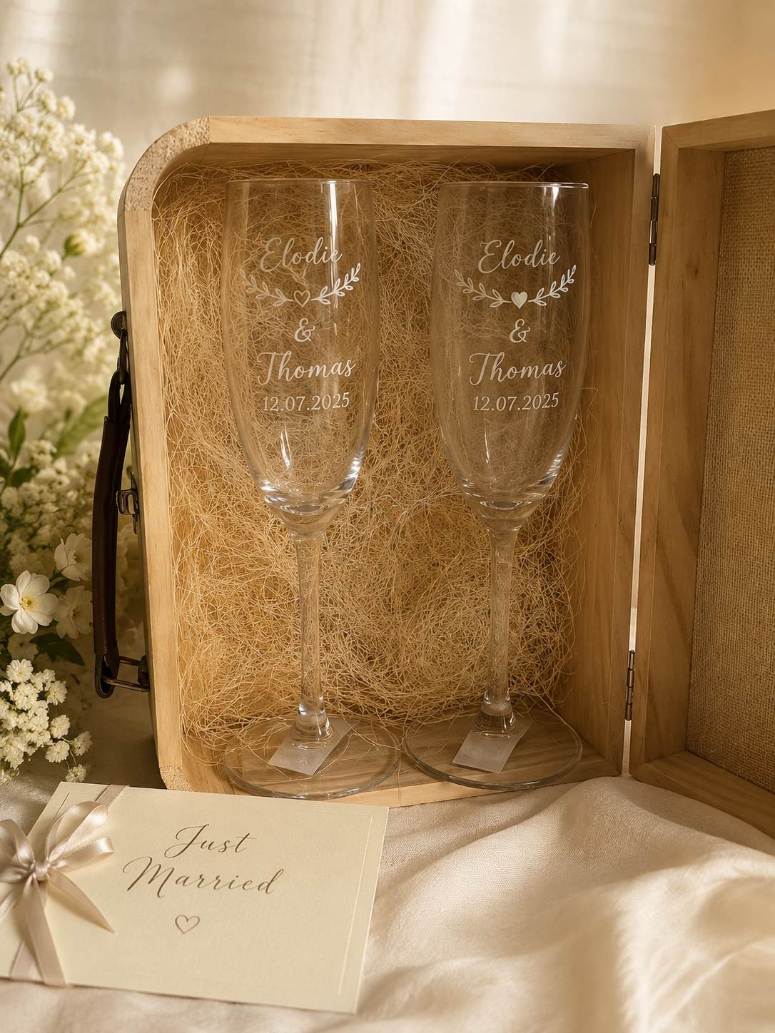 Coffret Cadeau avec 2 Flûtes à Champagne Gravées Personnalisées
