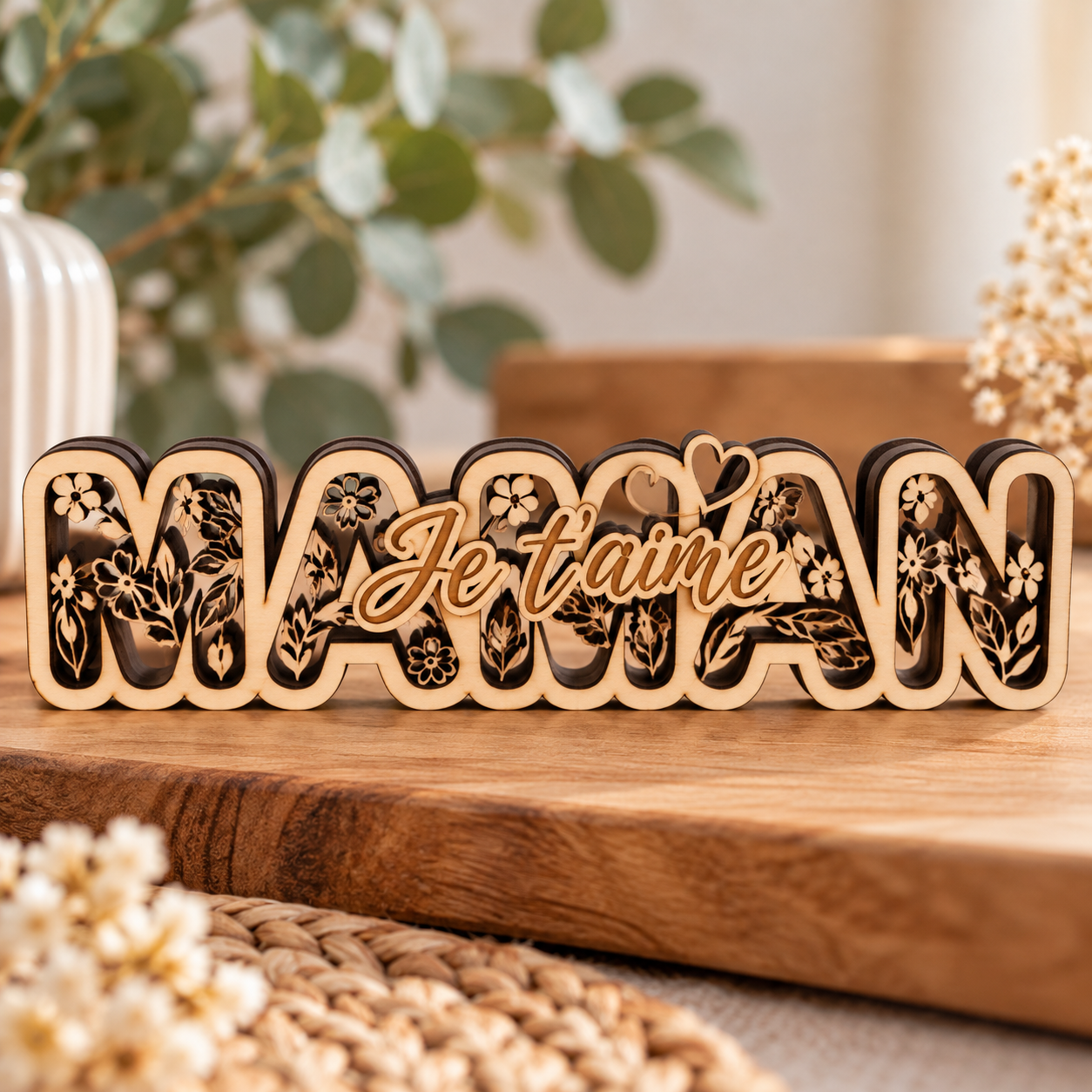 Panneau décoratif en bois multicouche Maman, je t'aime avec lettres en relief et motifs floraux, idéal comme cadeau pour la f