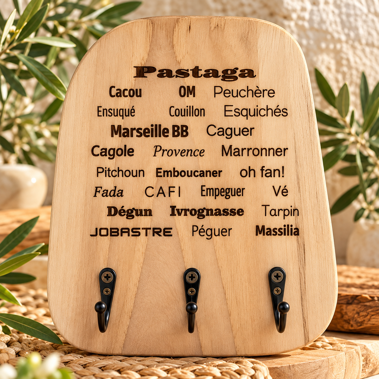 Porte-clés mural en bois de manguier avec trois crochets et expressions provençales gravées, personnalisable avec un texte au