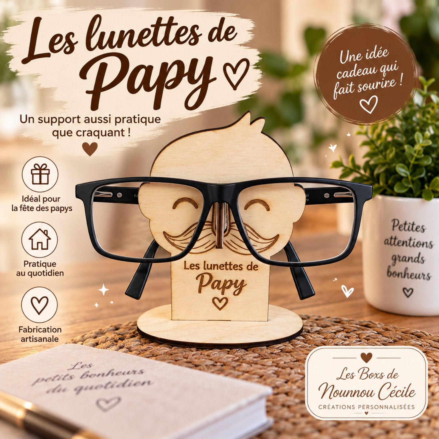 Papy : « Porte-lunettes personnalisé en bois pour Papy – cadeau fête des grands-pères