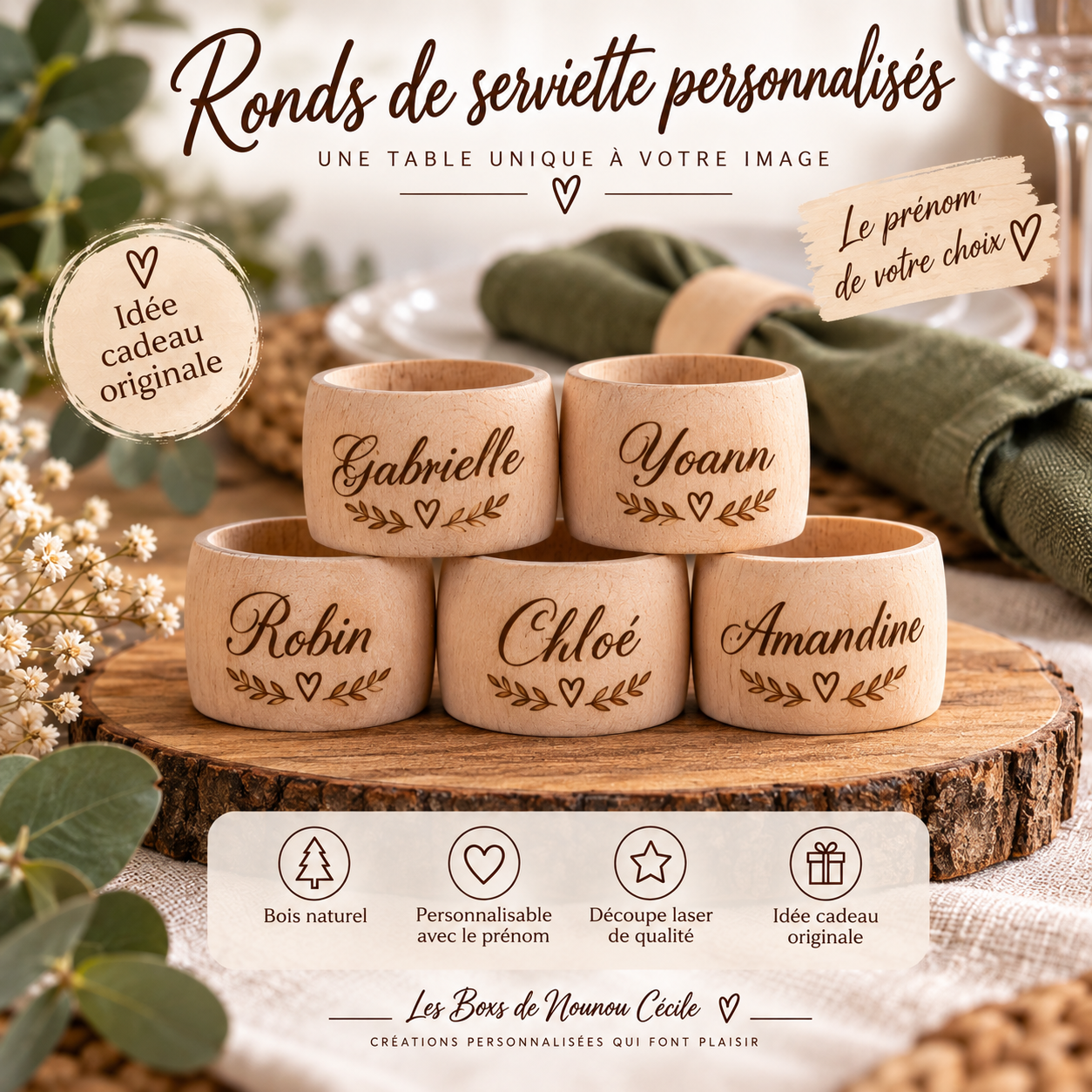 Rond de serviette en bois personnalisé avec prénom gravé pour décoration de table