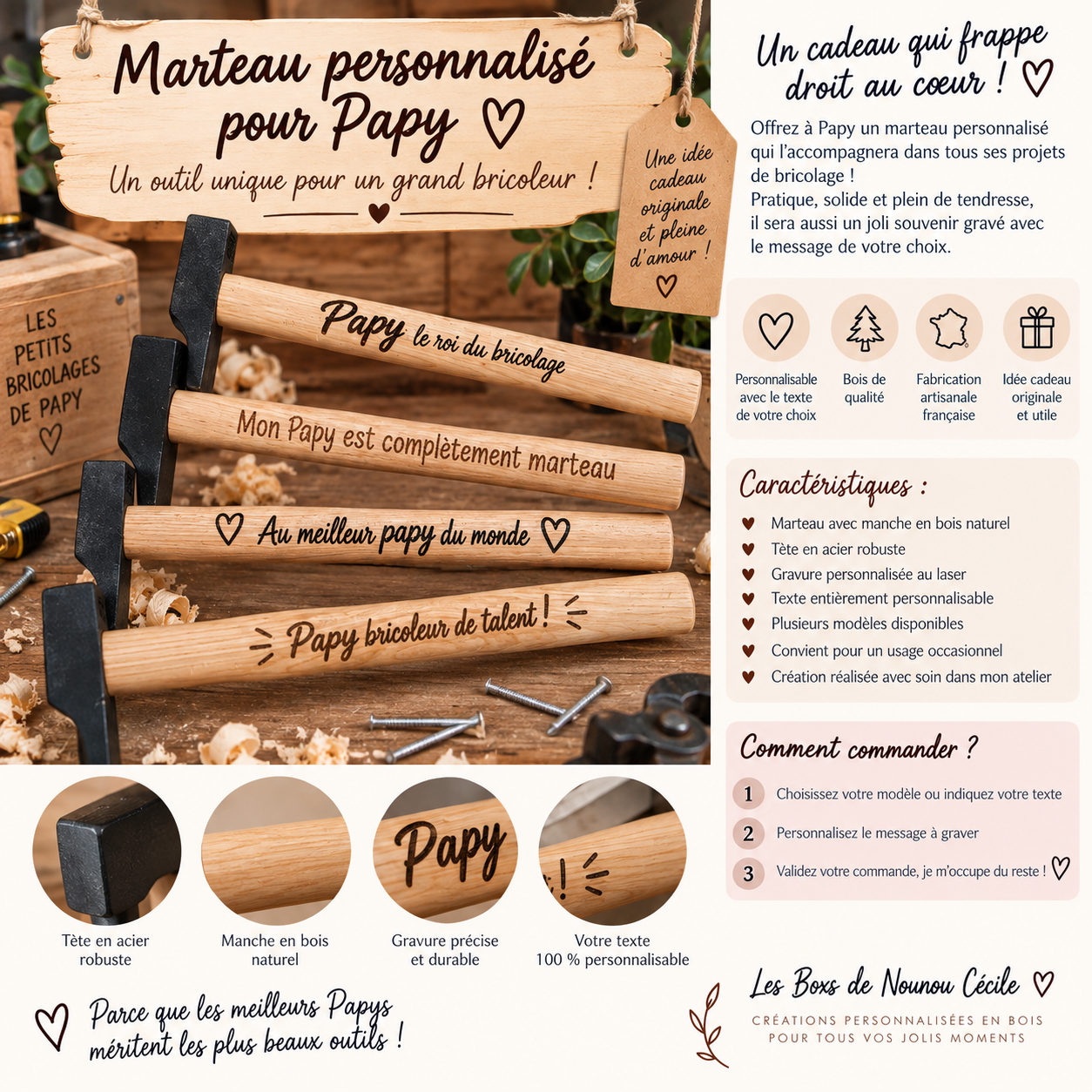 Marteaux personnalisés pour Papy avec messages gravés sur manche en bois