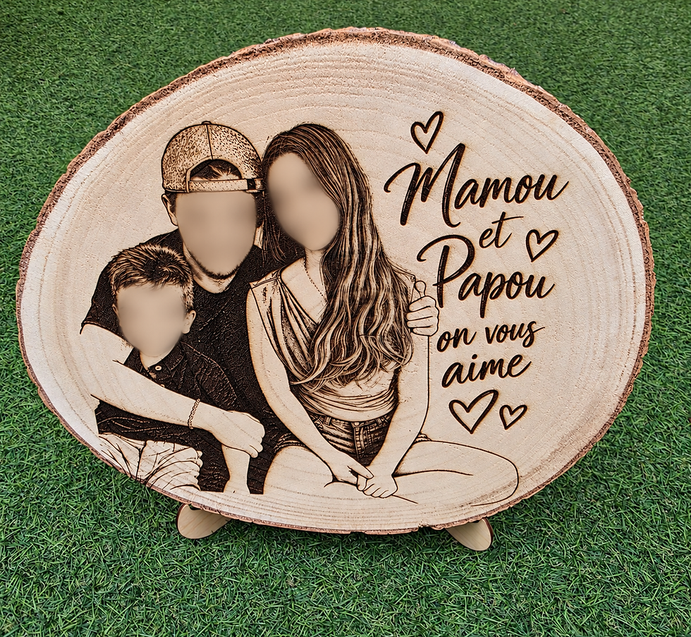 Rondin de bois naturel personnalisé avec photo de famille gravée au laser et message d'amour pour les grands-parents.