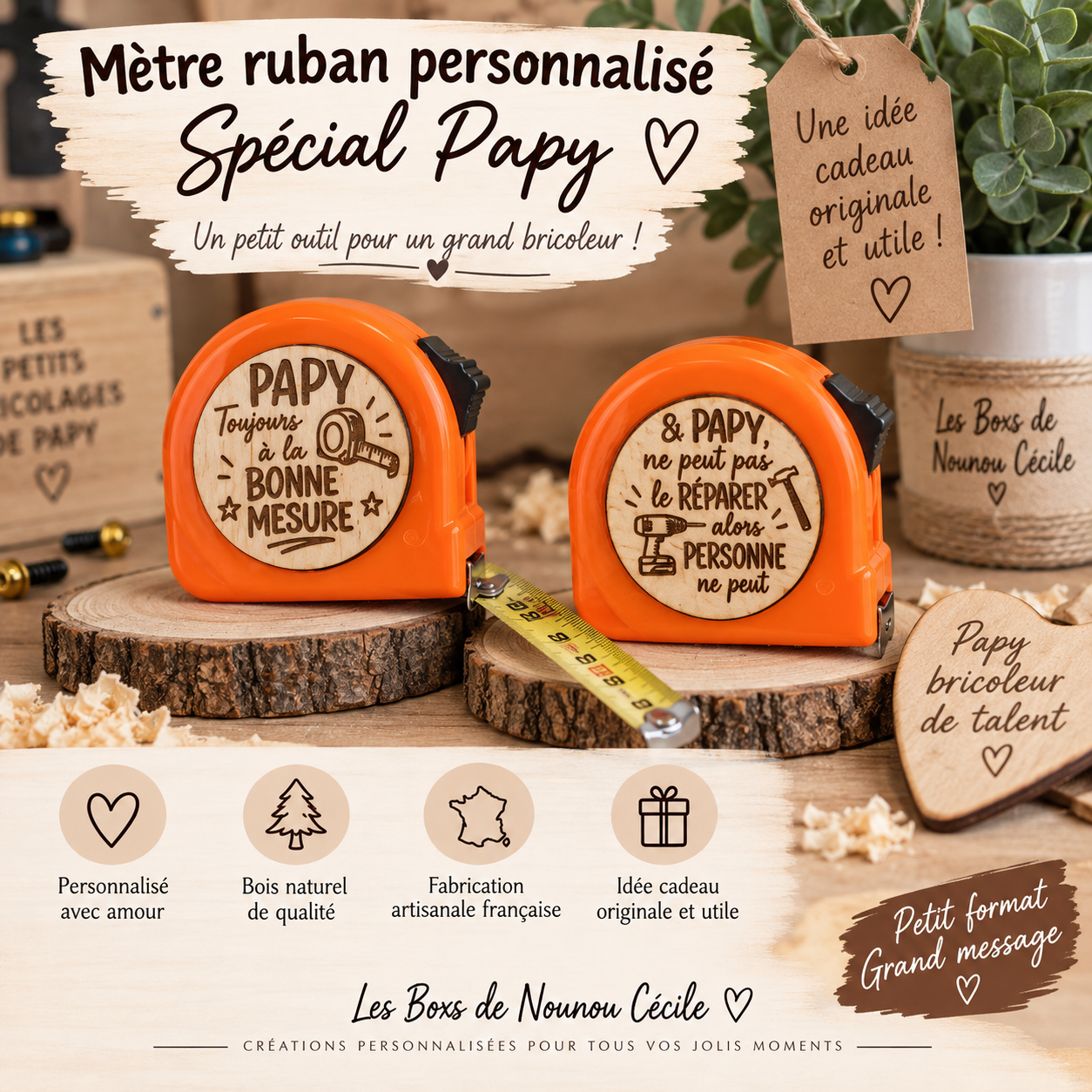 Mètres ruban personnalisés pour Papy avec texte gravé en bois