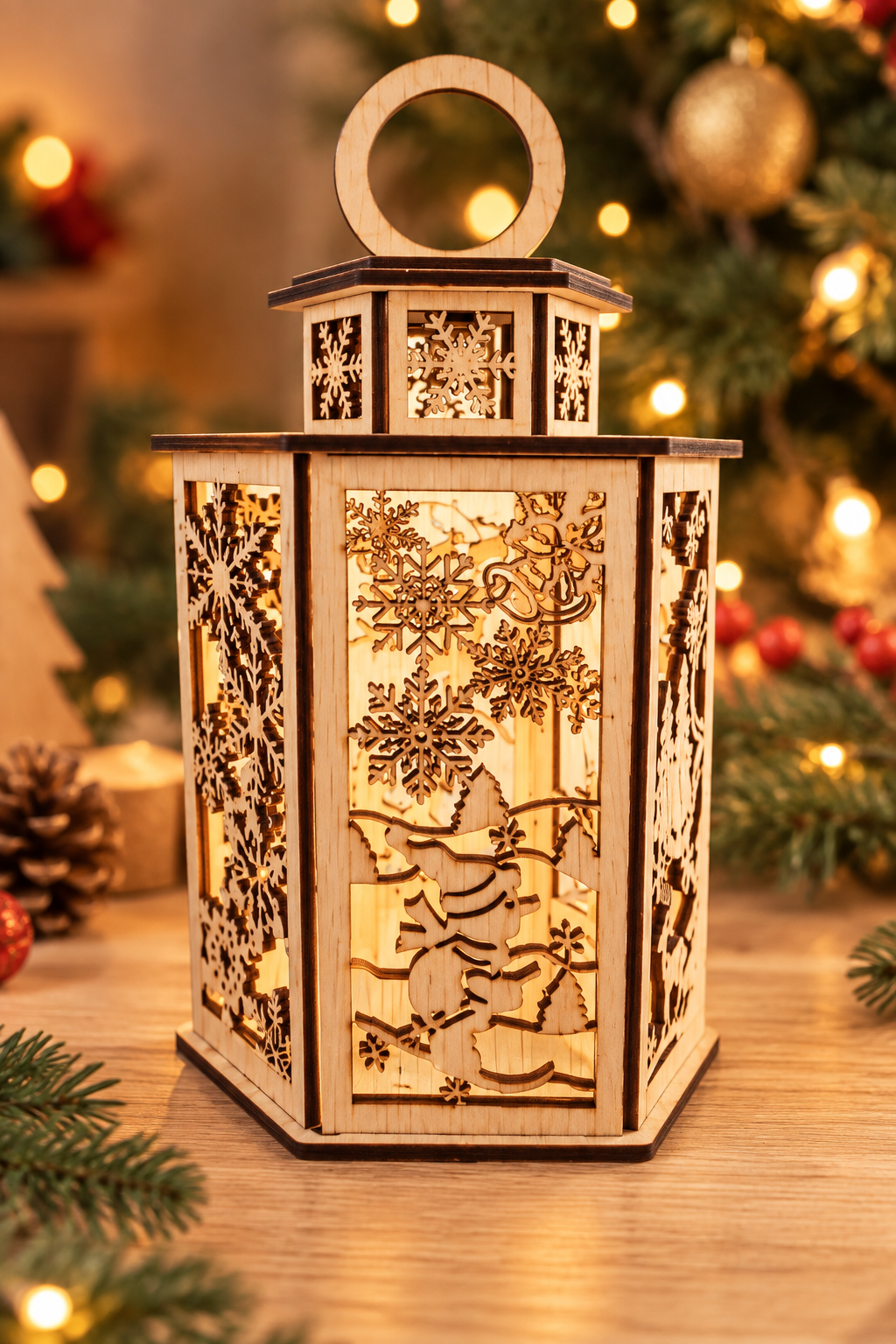 Lampe de Noël en bois de bouleau à 6 faces, décoration lumineuse à poser ou suspendre