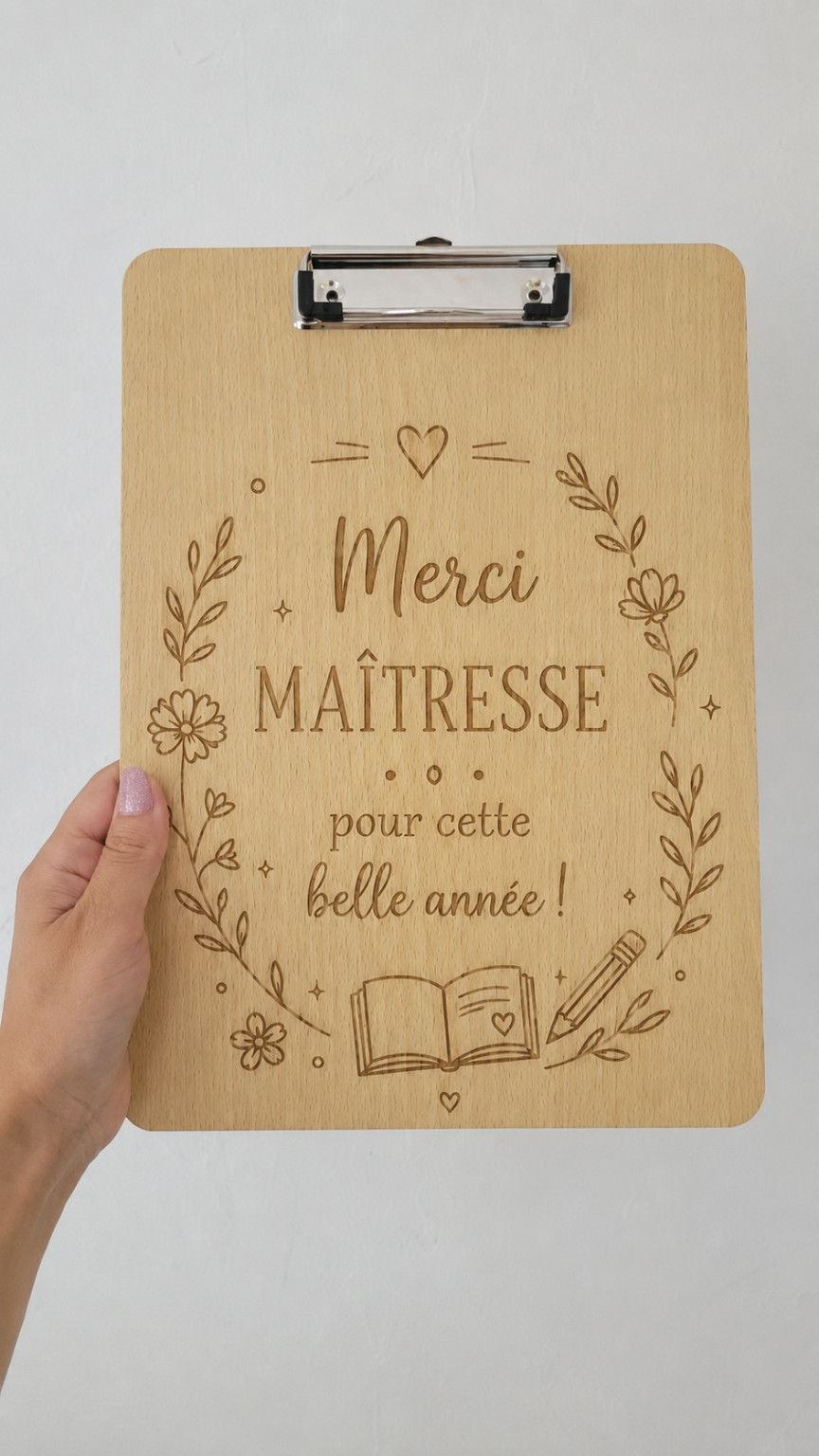 Porte-documents en bois gravé pour remercier une maîtresse ou un maître pour cette belle année, avec pince métallique et moti