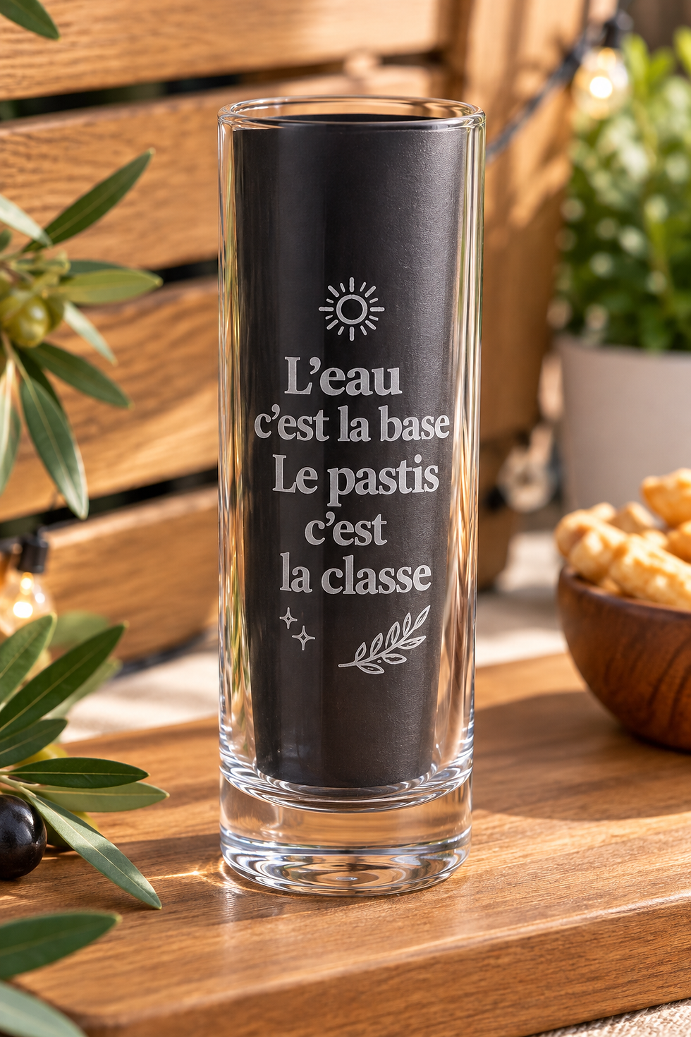 Verre tube à pastis personnalisé avec gravure laser, cadeau original pour amateur d’apéritif.