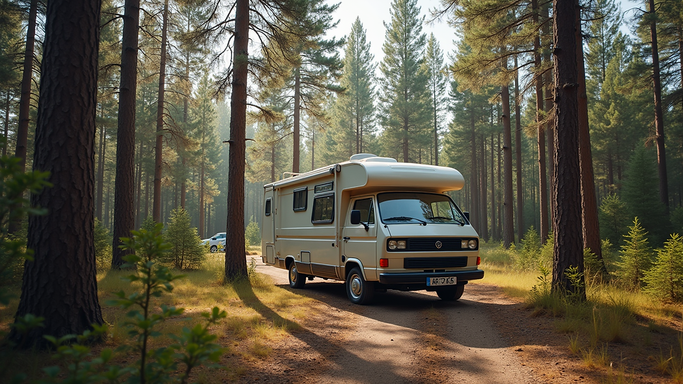 Wide angle view of a campervan parked at a forest campground with tall pine trees
