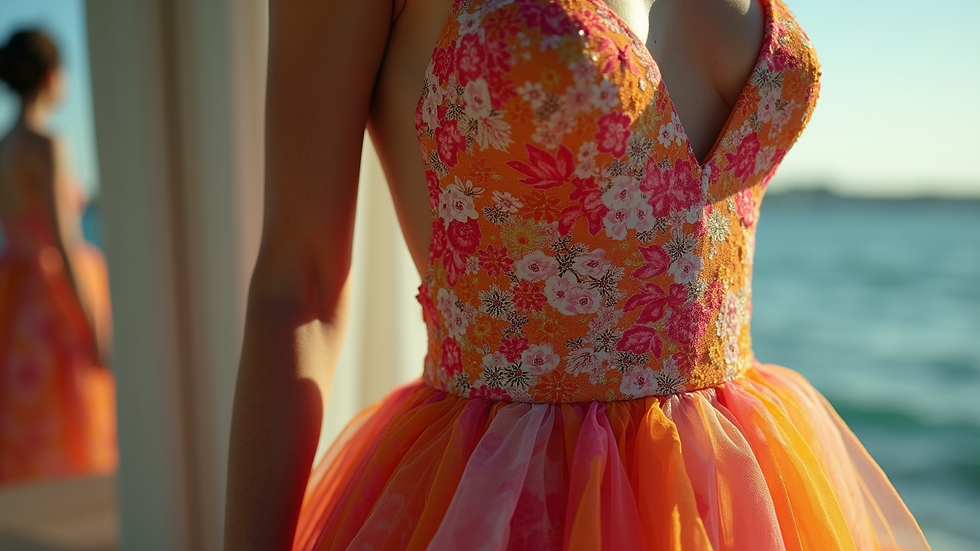 Close-up view of a vibrant prom dress with an abstract print