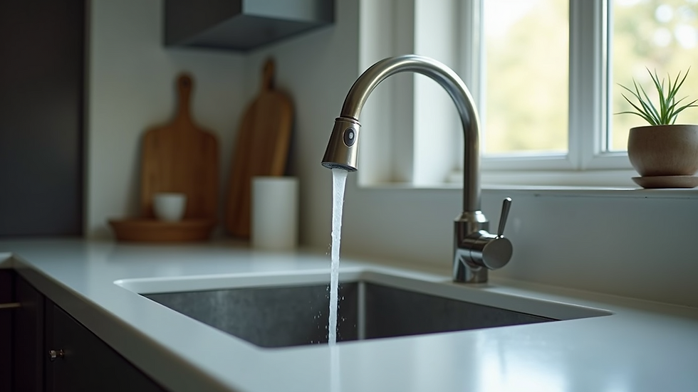 Close-up view of a dripping faucet in a kitchen sink