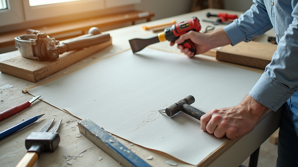 High angle view of drywall repair tools on a workbench