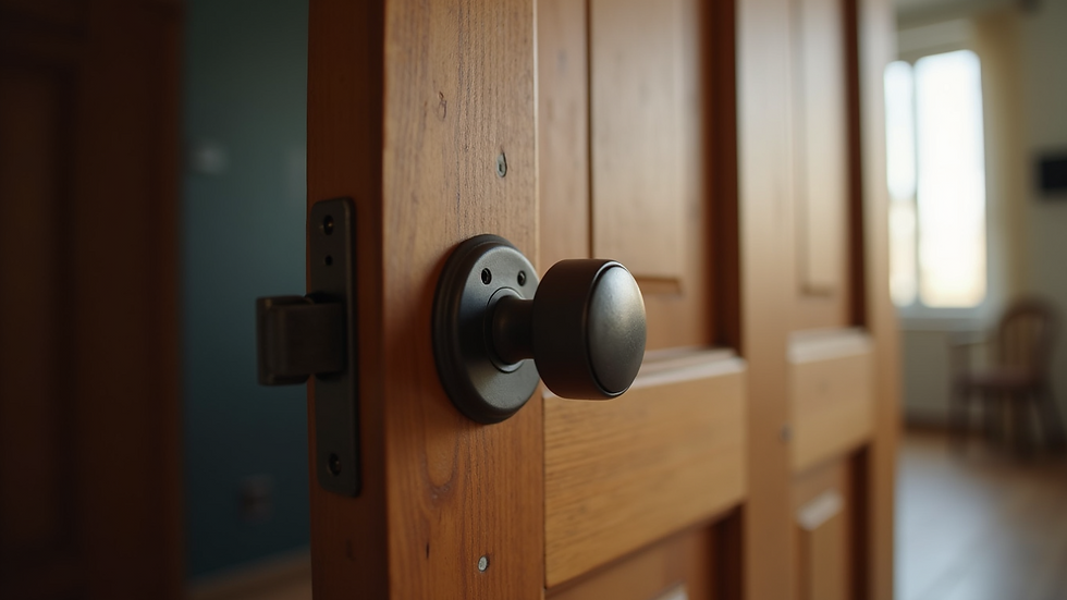 Close-up view of a new doorknob on a wooden door