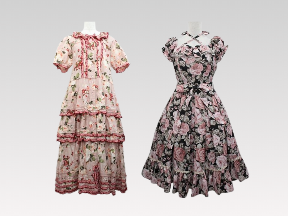 ストロベリーローズプリントワンピース・ローズゴブランポリーヌドレスワンピース