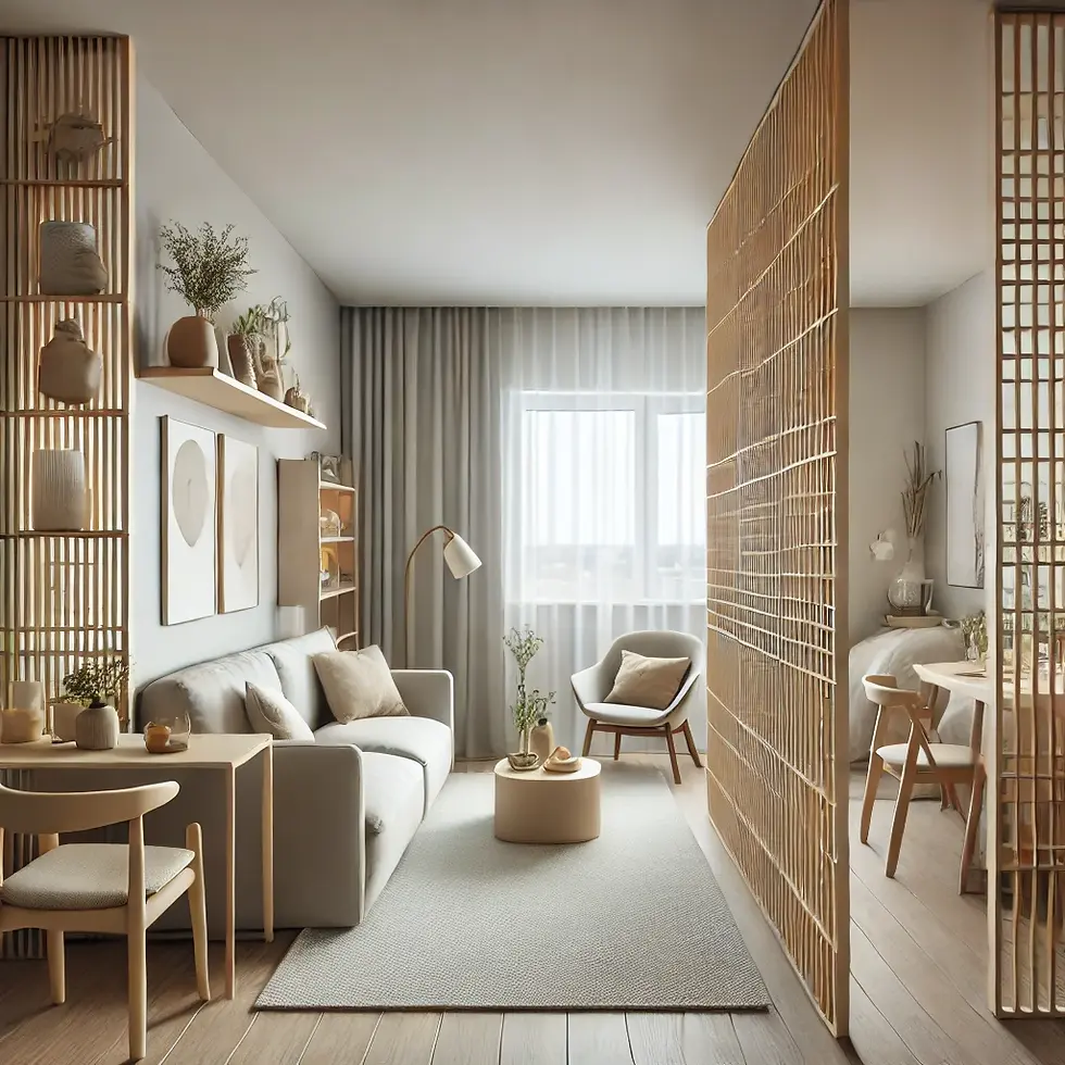 Sala integrada com divisória ripada de madeira, sofá claro, móveis minimalistas e luz natural, perfeita para transformar pequenos espaços com layout flexível e elegante.