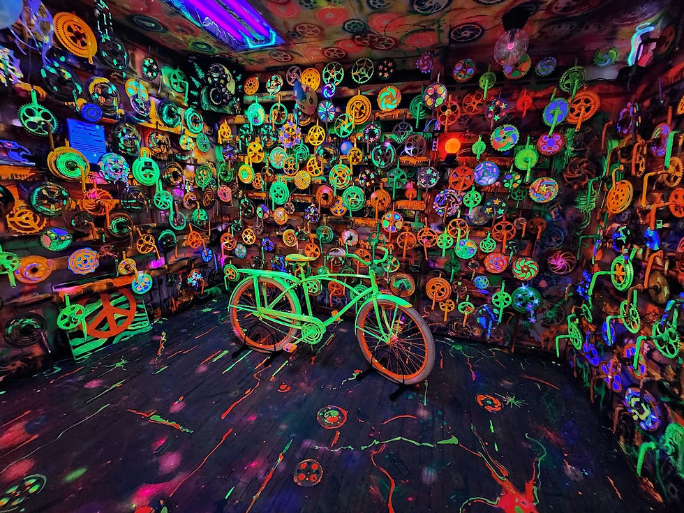 Bicycle displayed a room with neon lights at Bicycle Heaven in Pittsburgh
