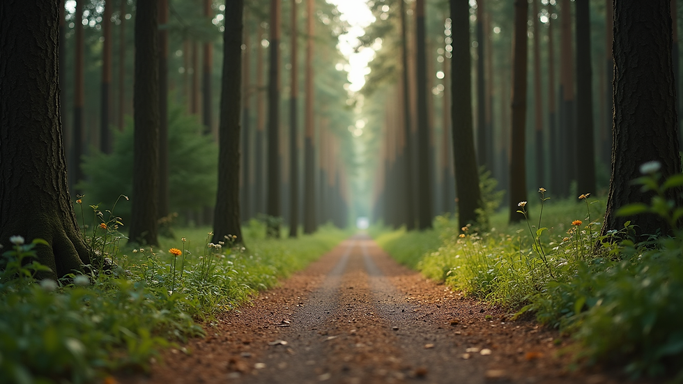 Close-up view of a serene forest path surrounded by tall trees