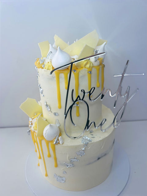 lemon ; meringue ; silver ; lemon ; 21st ; 2 tier ; birthday cake