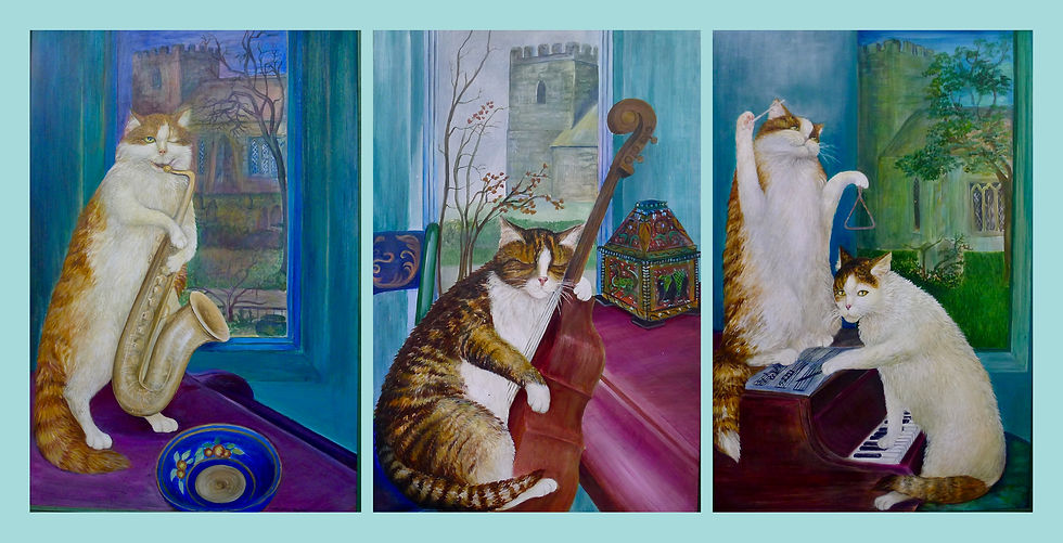 Felix playing the saxaphone.Stripey, Nellie and Kitty.