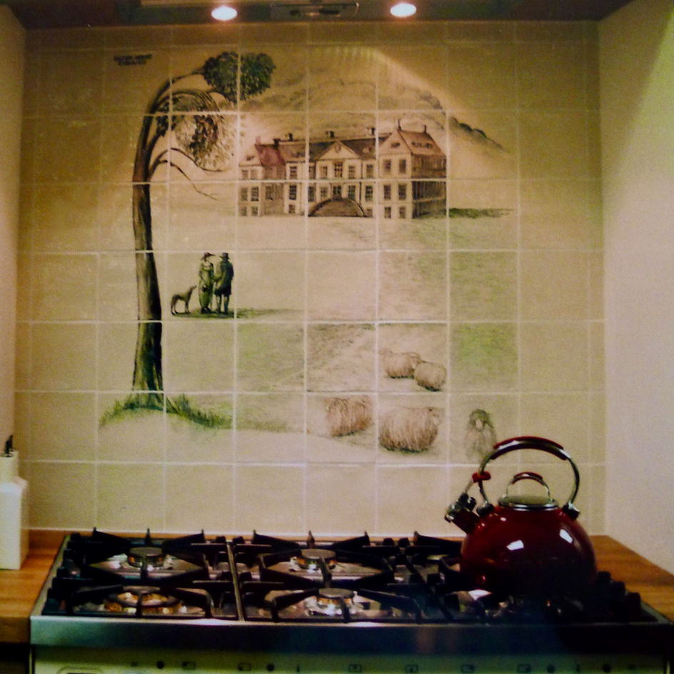 Hand-painted kitchen tiles: pastoral scene, manor house, figures, sheep