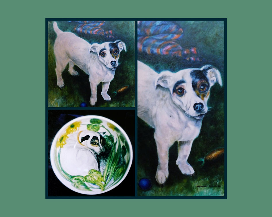 .Oil painting of Jack russel and hand painted china bowl