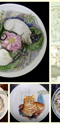 Hand Painted China plates and bowls of cats and cattle.