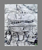 A drawing of five cats in the garden.