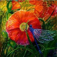 Poppy & Damselfly hand painted ceramic tile.