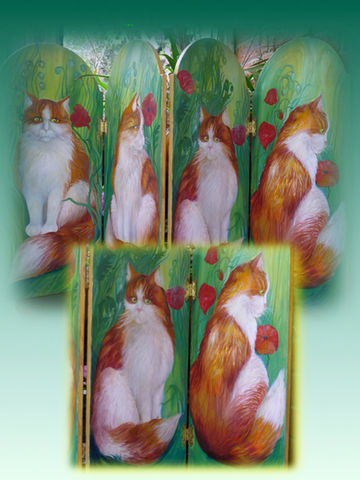 Four-panel painting: orange and white cat among roses