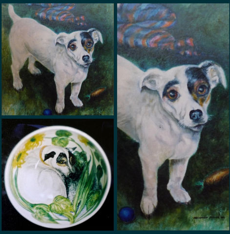Portraits of dogs in oil paint and hand painted china.