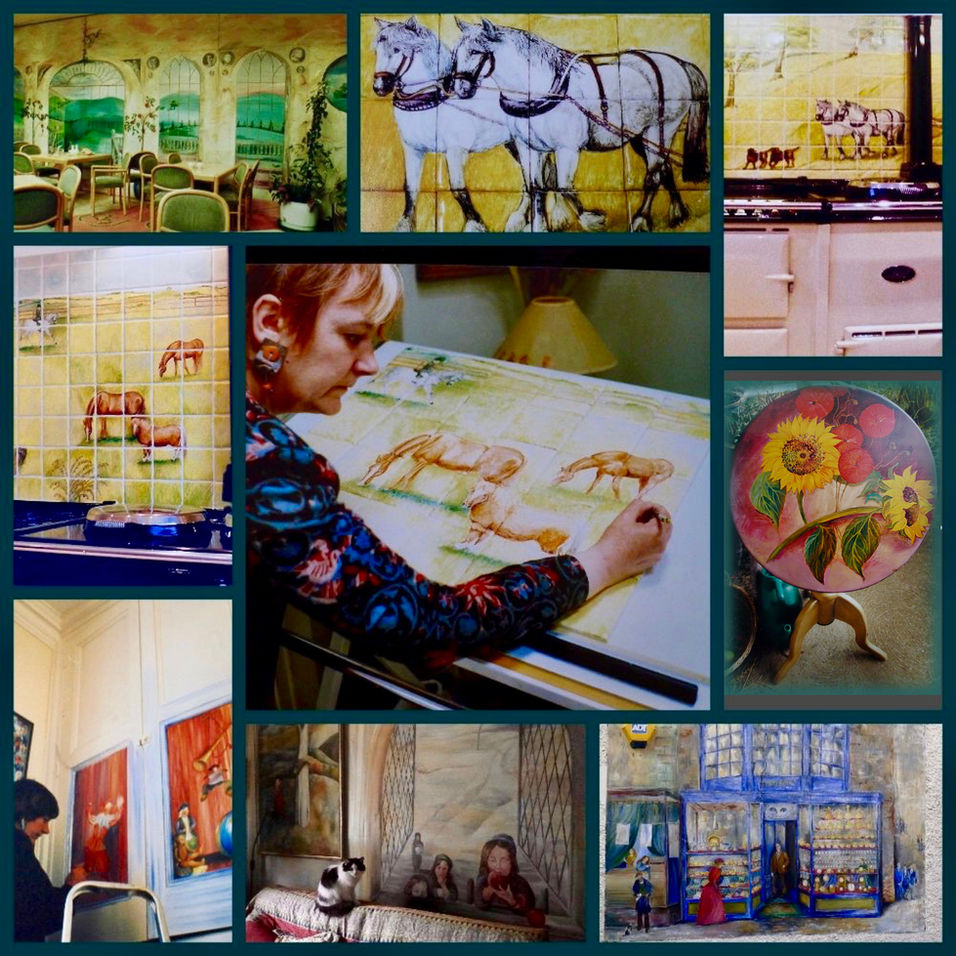 Collage of Margaret Taylor hand painting horses for a mural surrounded by examples of her artwork