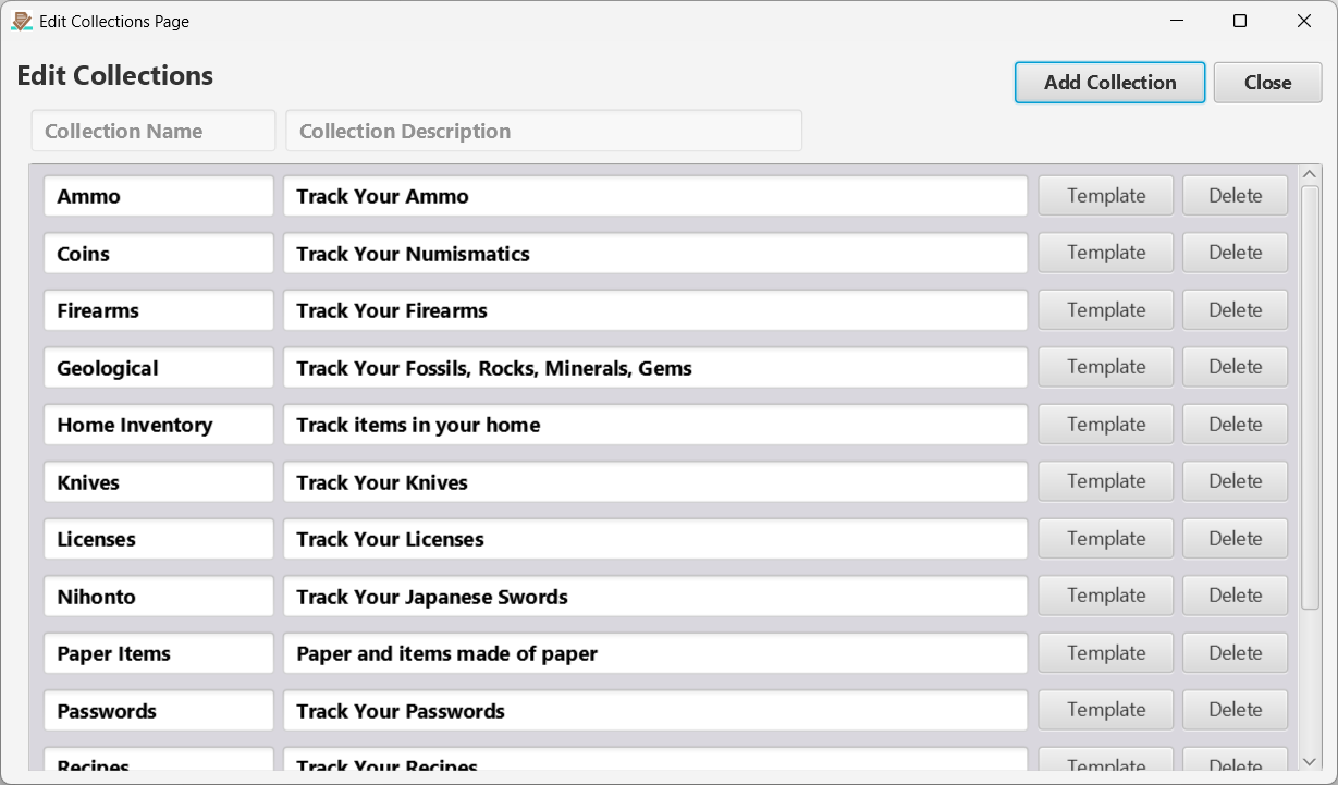 Edit Collections Page. Click the Template button to edit the collection template (See below)