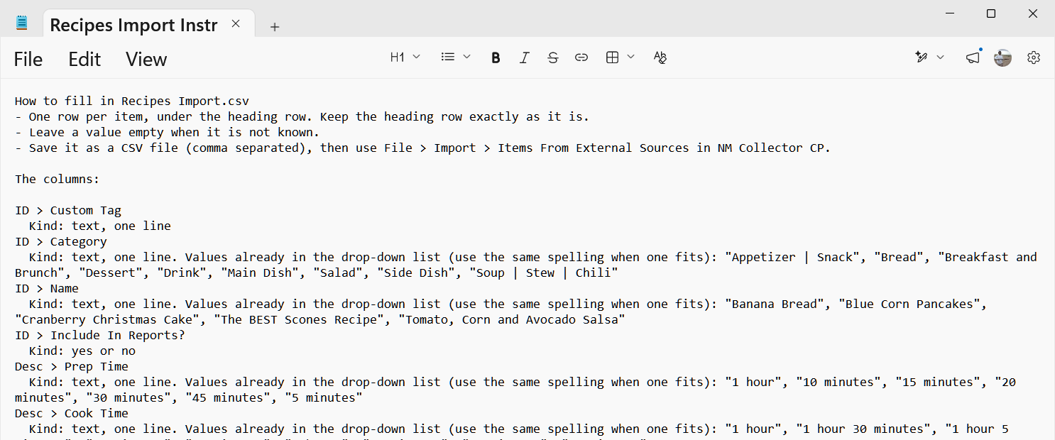 The start of Recipes Import Instructions.txt.