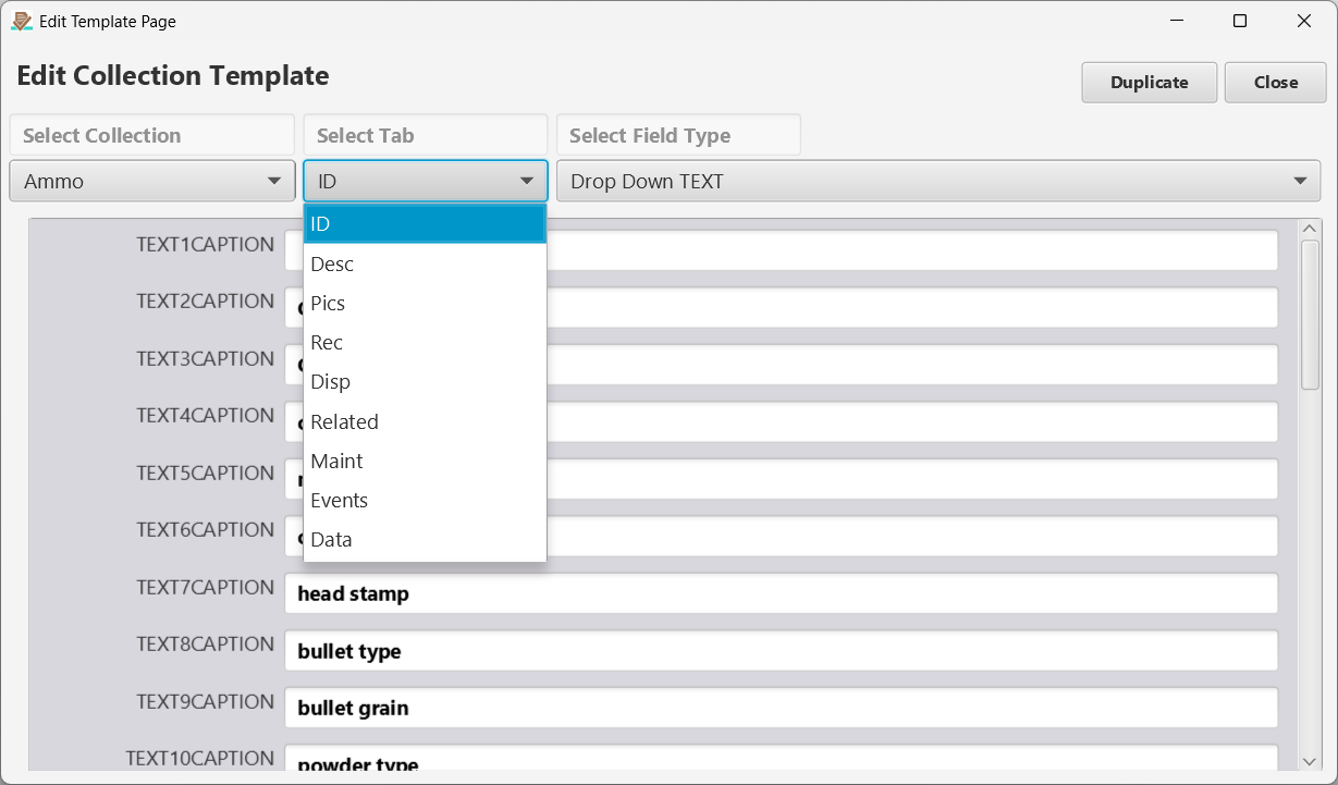 Edit Collection Template Page. Here you can edit any caption for any field on any tab. Remember the field types discussion above? The far right drop down allows you to select the field type that you want to edit the captions for.