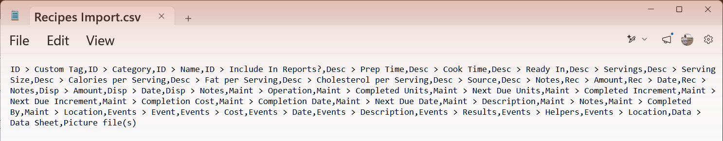 The heading row of Recipes Import.csv.