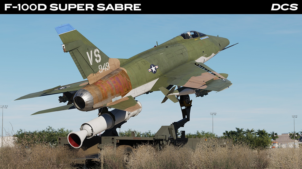 A camouflaged F-100D Super Sabre jet displayed on a Zero Length Launch (ZELL) system with blue sky backdrop. "VS 849" and a U.S. Air Force insignia are visible. Digital Combat Simulator DCS: F-100D Super Sabre by Grinnelli Designs.