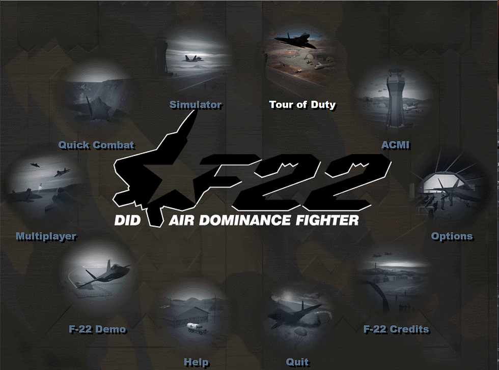 Digital Image Design (DID), MicroProse F-22 Air Dominance Fighter. Main menu.