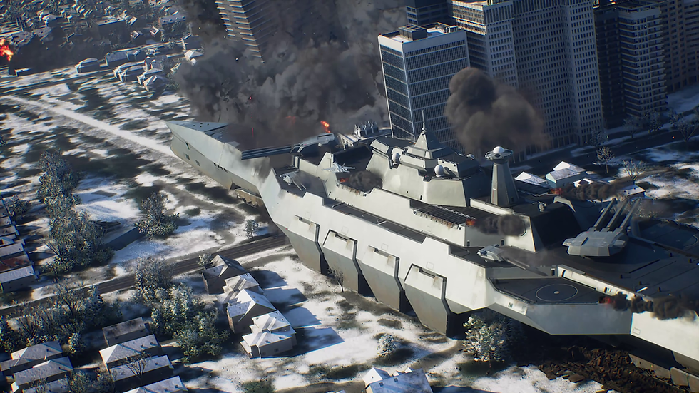 Giant futuristic warship burns and fires amid smoke over a snowy city neighborhood, with high-rises looming in the background. Tarpan Class Land Battleship. Ace Combat 8: Wings of Theve by Bandai-Namco. 