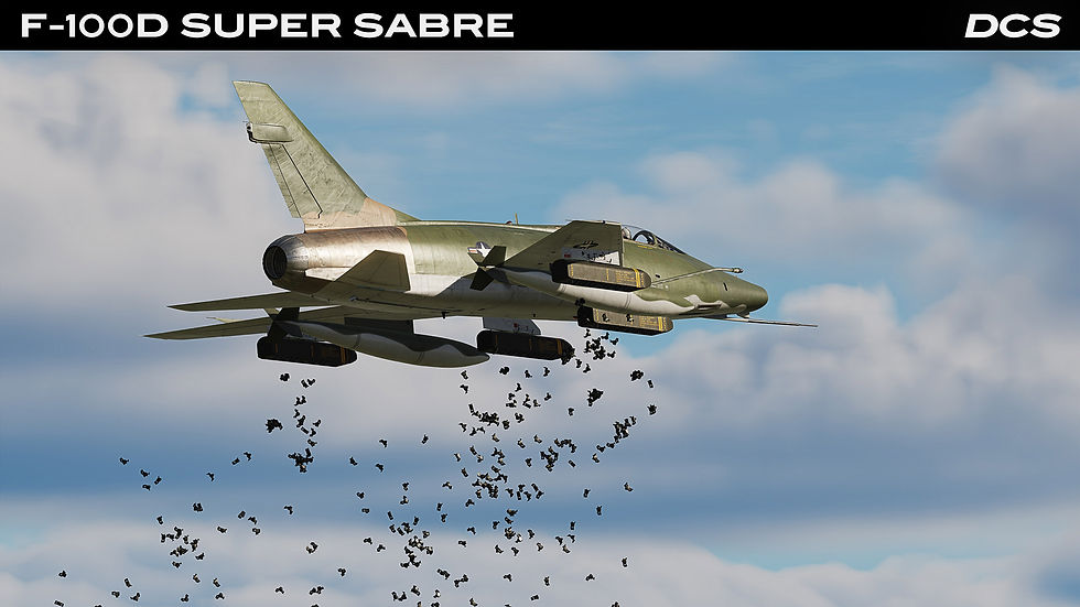 F-100D Super Sabre jet in flight drops black ordnance against a cloudy blue sky, with DCS title text at top. Grinnelli Designs F-100D Super Sabre for Digital Combat Simulator World.