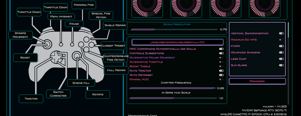 Indie space action game StarFront: Lancers by R J L Jones.  Game setting menu.