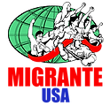Migrante USA logo. Name of org at the bottom in blue and red text. A group of migrant workers raising their fists in defiance and holding a red ribbon with a green globe behind them.
