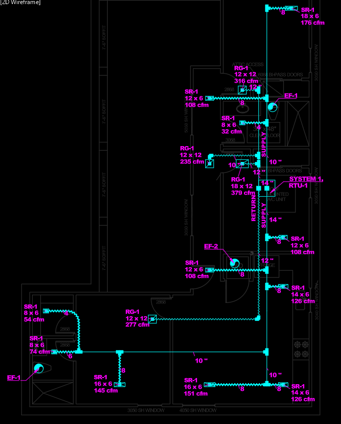 ACCA Manual D duct design layout showing supply and return duct sizing, air branch runs, and CFM distribution for a residential rooftop packaged HVAC system.