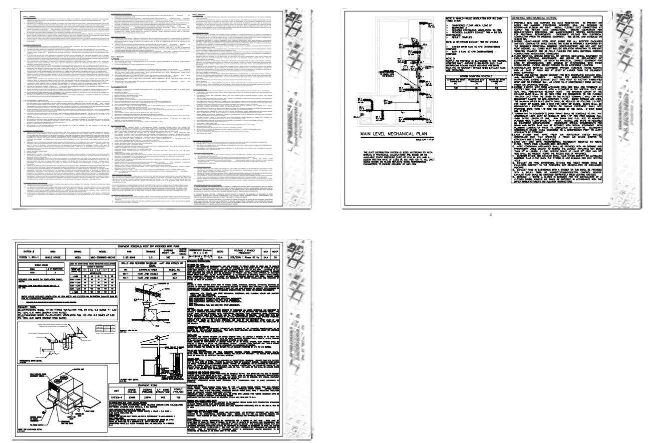 HVAC mechanical plan set sheets for a Phoenix residential ADU permit including equipment schedules and load calculations.