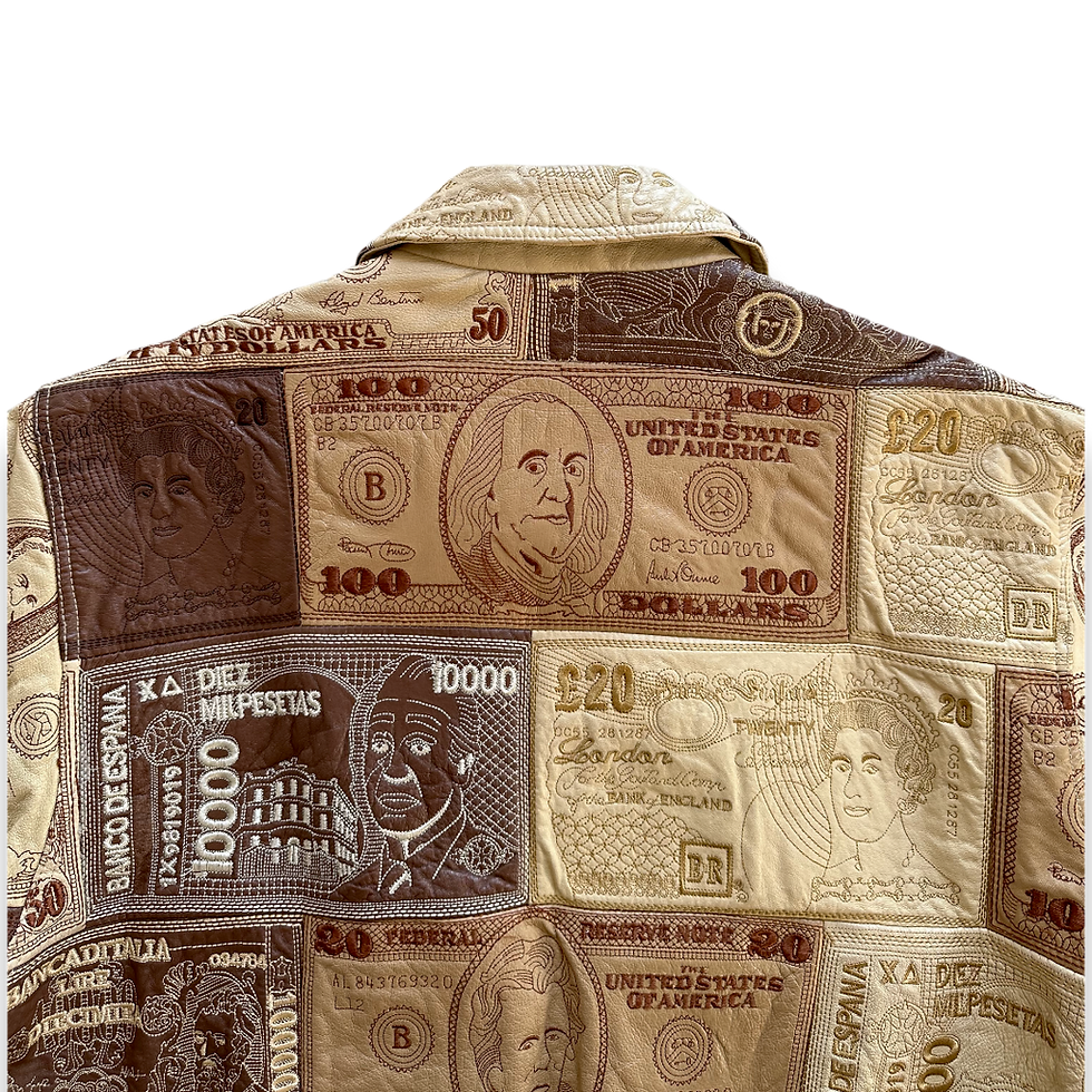 Küçük resim: Vintage Money Leather Bomber Jacket (L/XL)