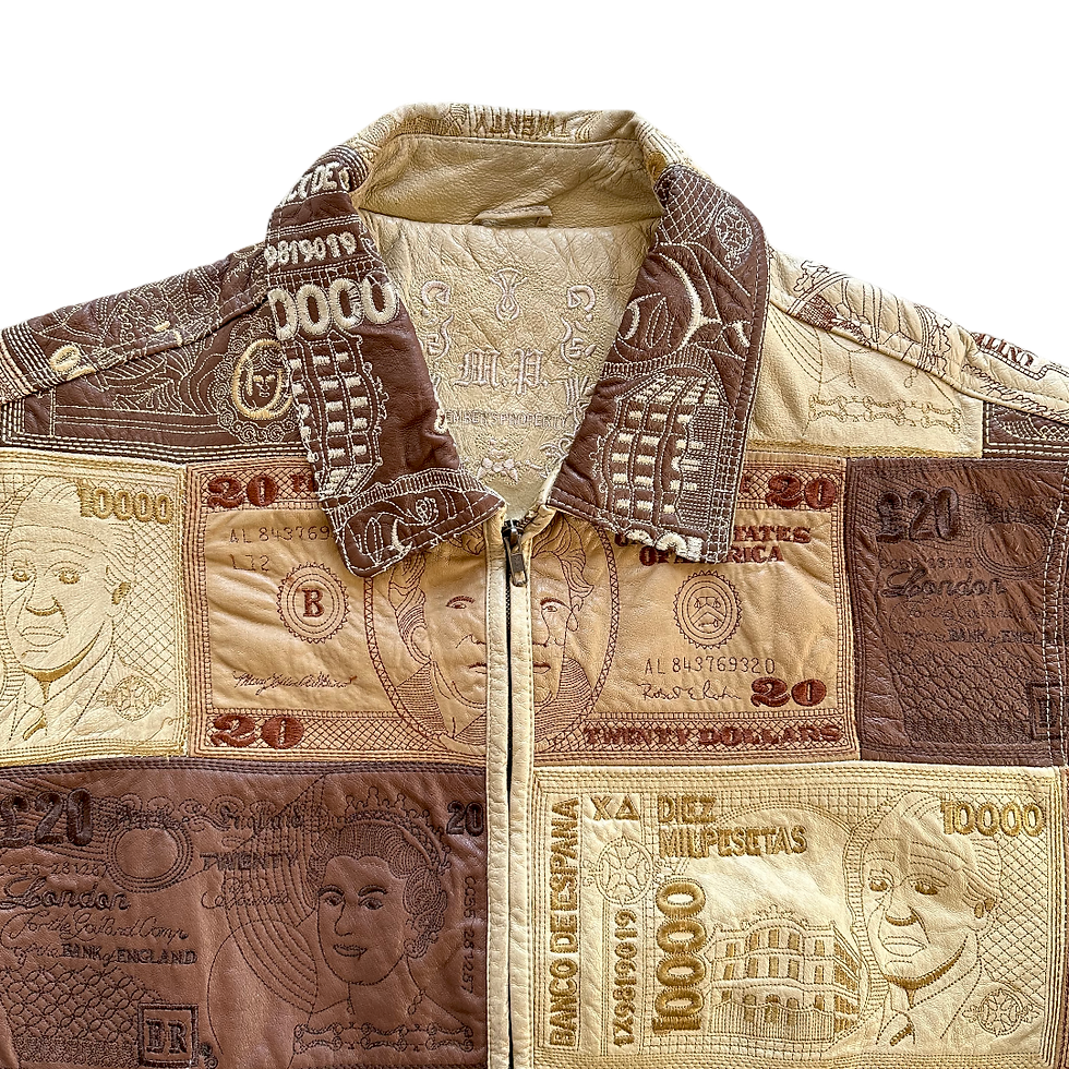 Küçük resim: Vintage Money Leather Bomber Jacket (L/XL)