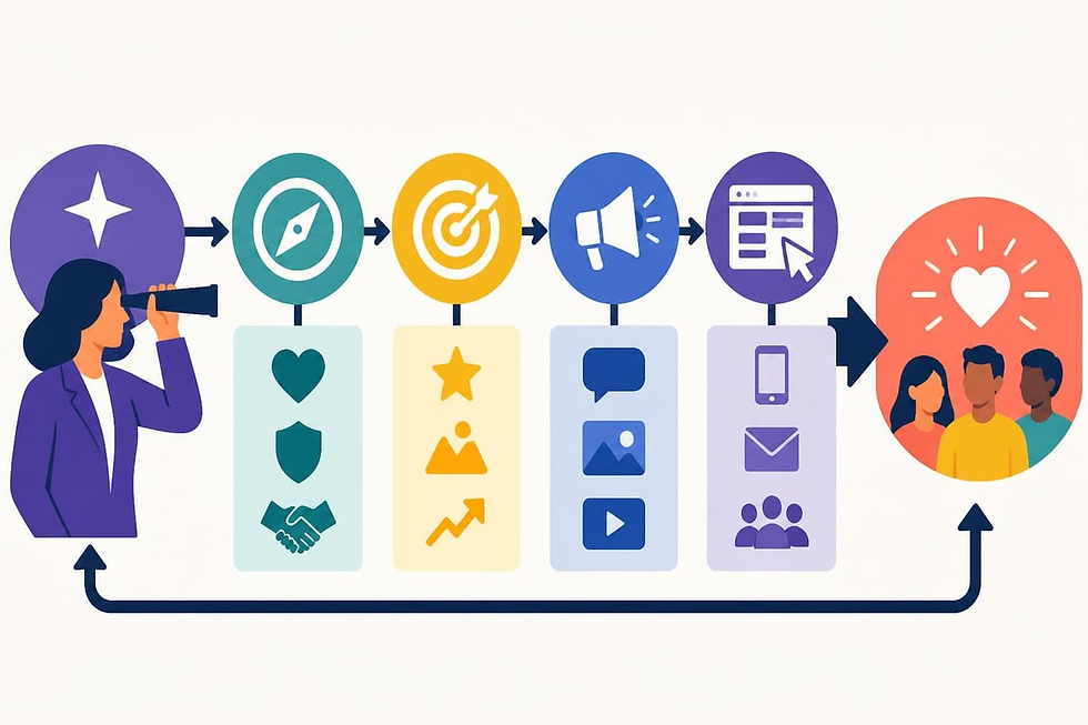 Illustration of a woman with a telescope looking at icons representing goals, communication, and teamwork. Arrows connect the icons.