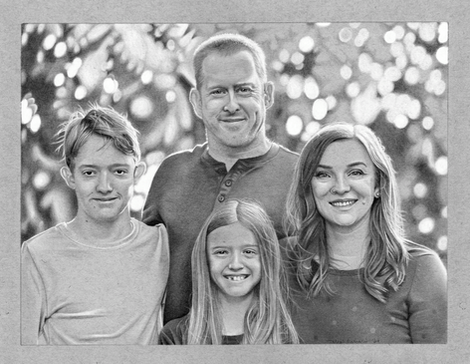 A graphite drawing of a family of four: a dad, his son and daughter, and their stepmother/his wife. They are standing outside in front of trees on a sunny day and they're all smiling.